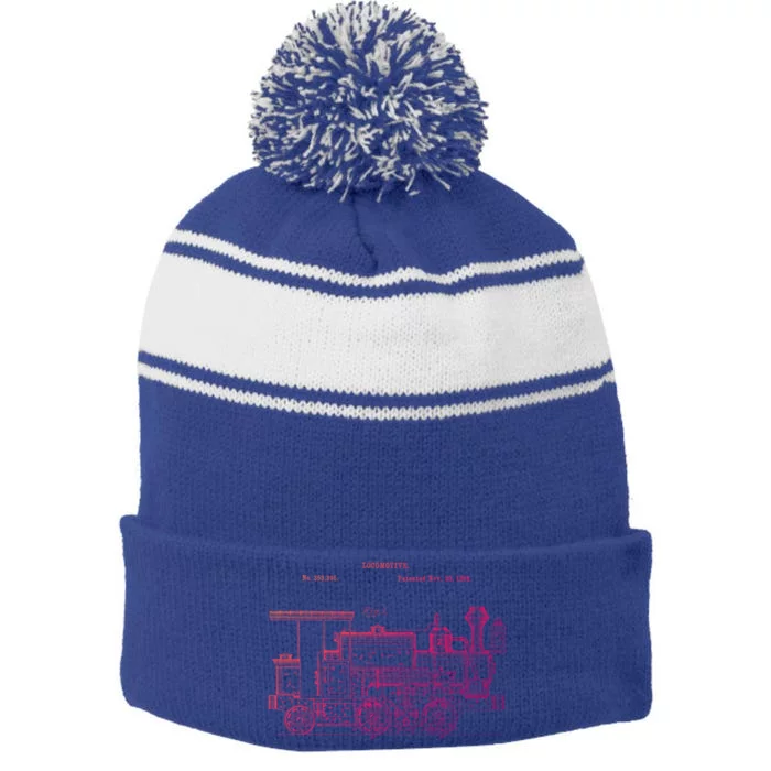 Vintage Gift Train 1886 Locomotive Blueprint Stripe Pom Pom Beanie