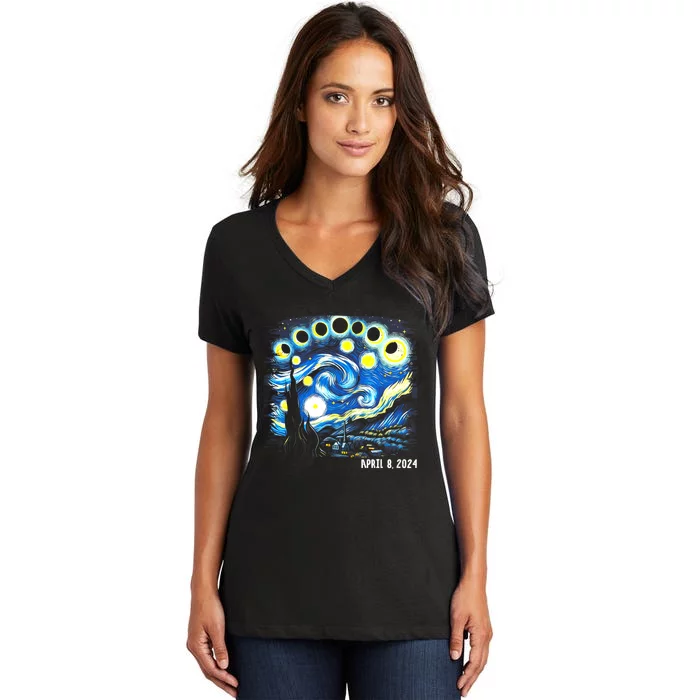 Van Gogh Total Solar Eclipse April 8th 2024 Women's V-Neck T-Shirt