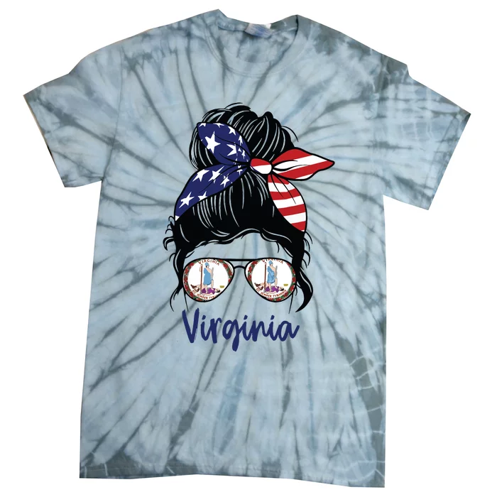 Virginia Girl Virginia Flag State Girlfriend Messy Bun Tie-Dye T-Shirt