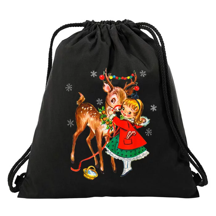 Vintage Girl With Deer Retro 50S Christmas Drawstring Bag