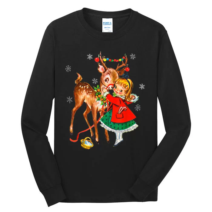 Vintage Girl With Deer Retro 50S Christmas Tall Long Sleeve T-Shirt