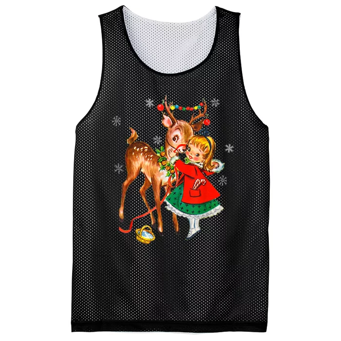 Vintage Girl With Deer Retro 50S Christmas Mesh Reversible Basketball Jersey Tank