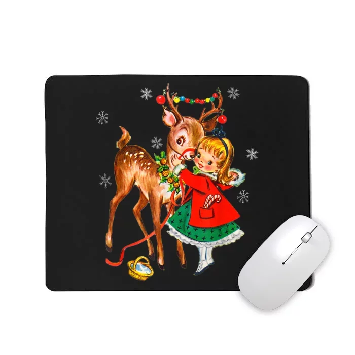 Vintage Girl With Deer Retro 50S Christmas Mousepad