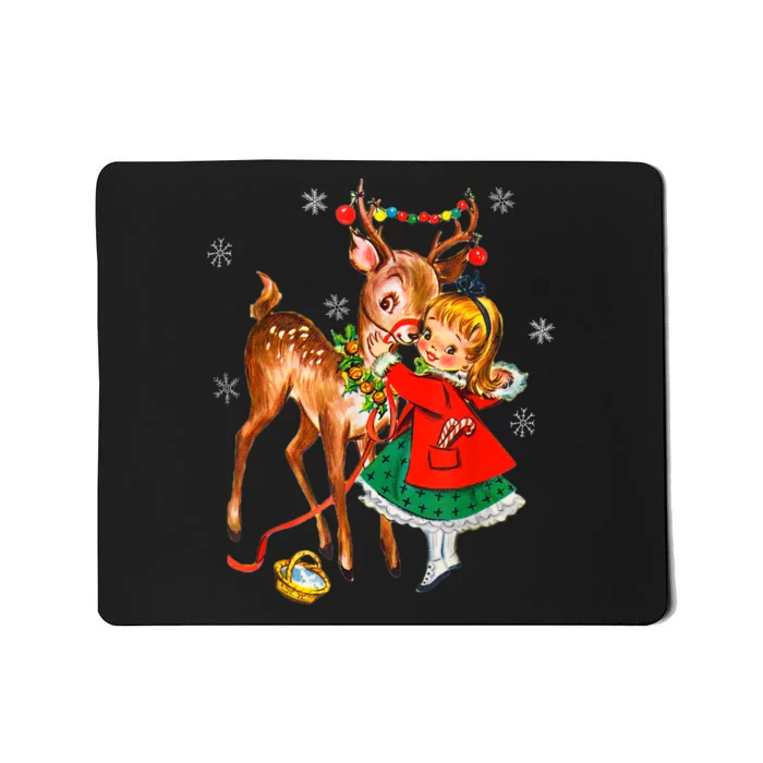 Vintage Girl With Deer Retro 50S Christmas Mousepad