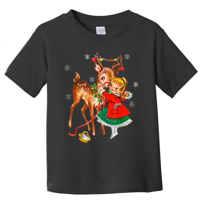 Vintage Girl With Deer Retro 50S Christmas Toddler T-Shirt