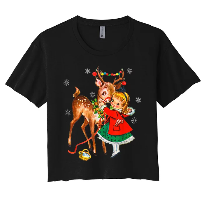 Vintage Girl With Deer Retro 50S Christmas Women's Crop Top Tee