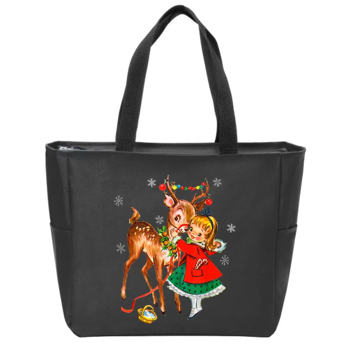 Vintage Girl With Deer Retro 50S Christmas Zip Tote Bag