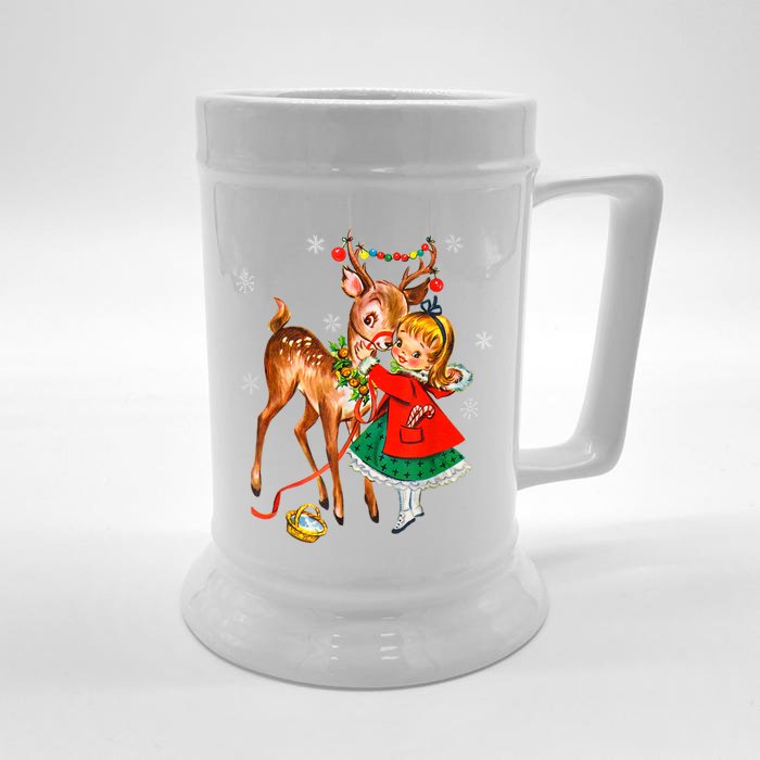 Vintage Girl With Deer Retro 50S Christmas Front & Back Beer Stein