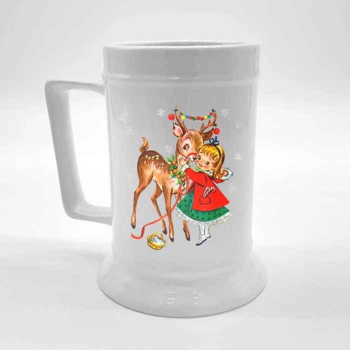 Vintage Girl With Deer Retro 50S Christmas Front & Back Beer Stein