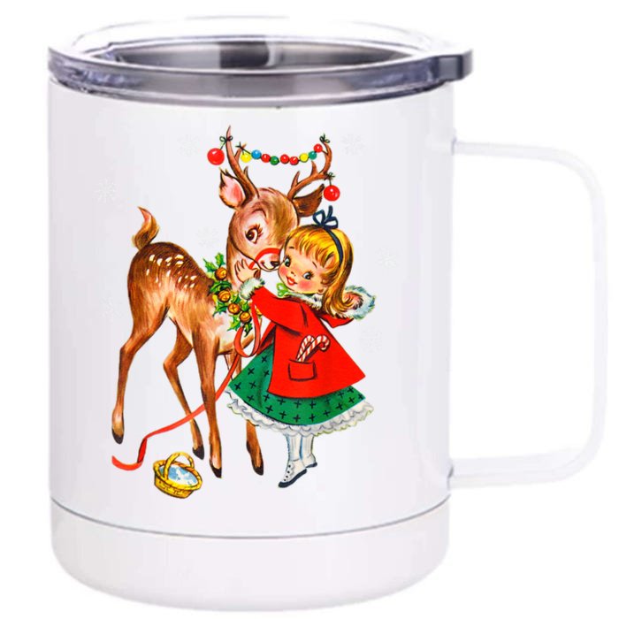 Vintage Girl With Deer Retro 50S Christmas Front & Back 12oz Stainless Steel Tumbler Cup