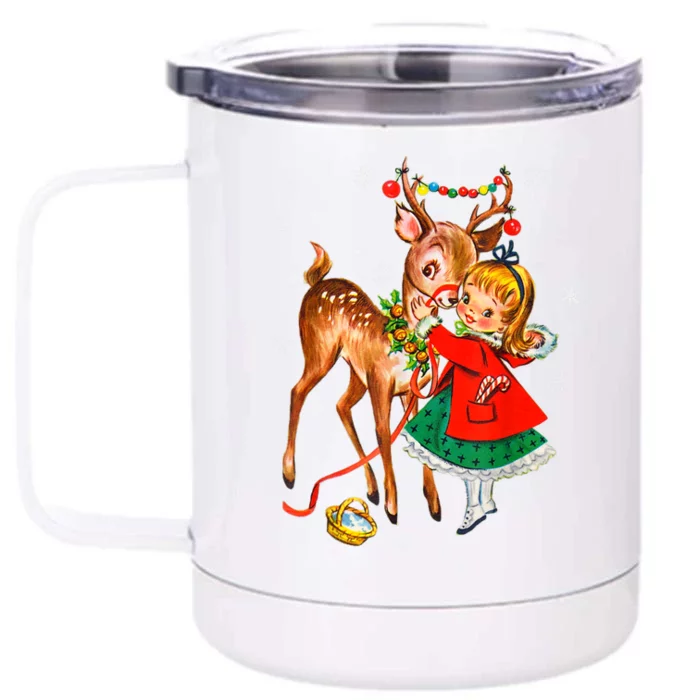 Vintage Girl With Deer Retro 50S Christmas Front & Back 12oz Stainless Steel Tumbler Cup