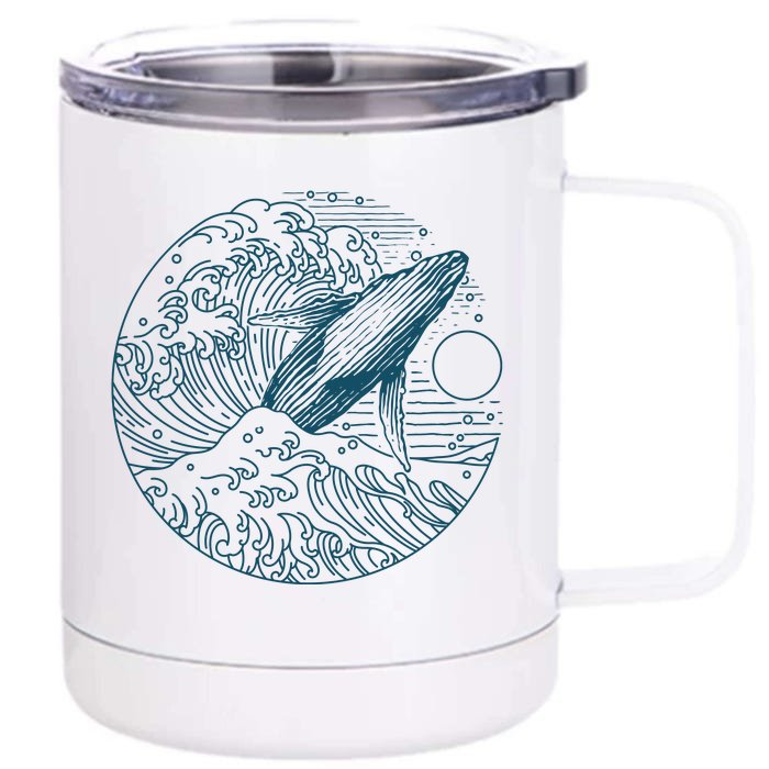 Vintage Great Wave Leaping Humpback Whale Front & Back 12oz Stainless Steel Tumbler Cup