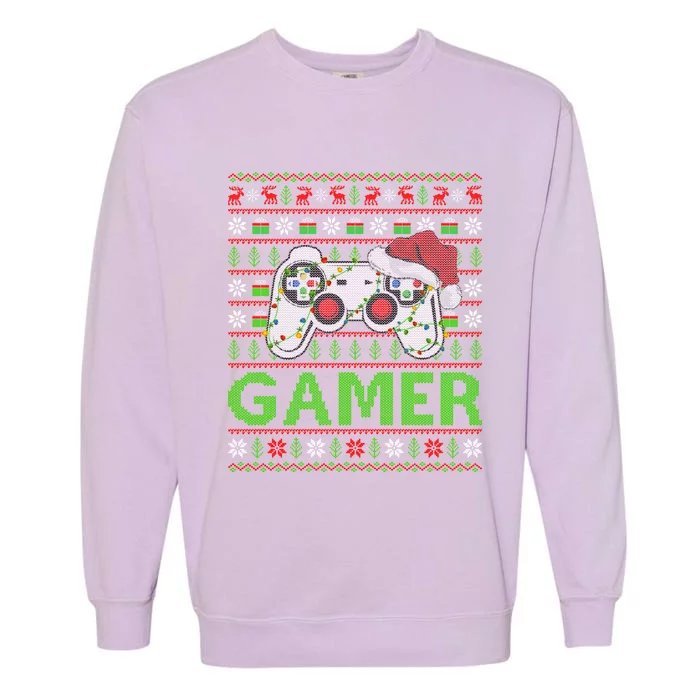 Video Gamer Xmas Lighting Ugly Santa Video Gamer Christmas Gift Garment-Dyed Sweatshirt