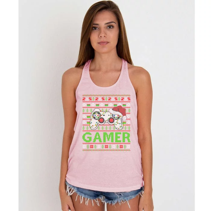 Video Gamer Xmas Lighting Ugly Santa Video Gamer Christmas Gift Women's Knotted Racerback Tank