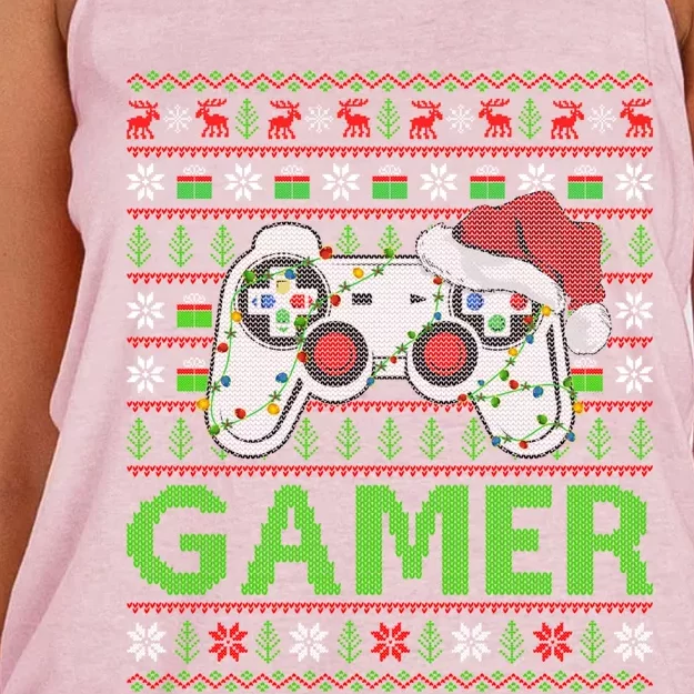 Video Gamer Xmas Lighting Ugly Santa Video Gamer Christmas Gift Women's Knotted Racerback Tank