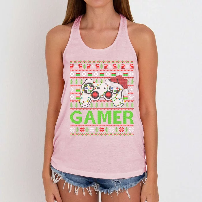 Video Gamer Xmas Lighting Ugly Santa Video Gamer Christmas Gift Women's Knotted Racerback Tank