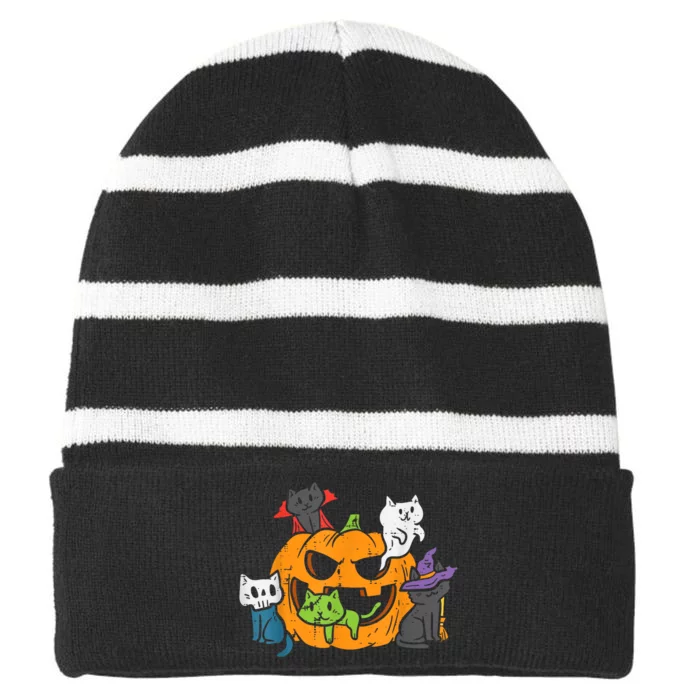 Vampire Ghost Zombie Witch Cats In Pumpkin Halloween Striped Beanie with Solid Band