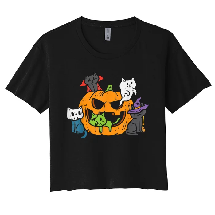 Vampire Ghost Zombie Witch Cats In Pumpkin Halloween Women's Crop Top Tee