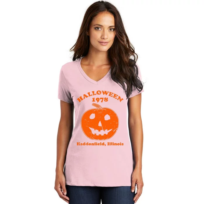 Vintage Halloween 1978 Pumpkin Haddonfield Illinois Women's V-Neck T-Shirt