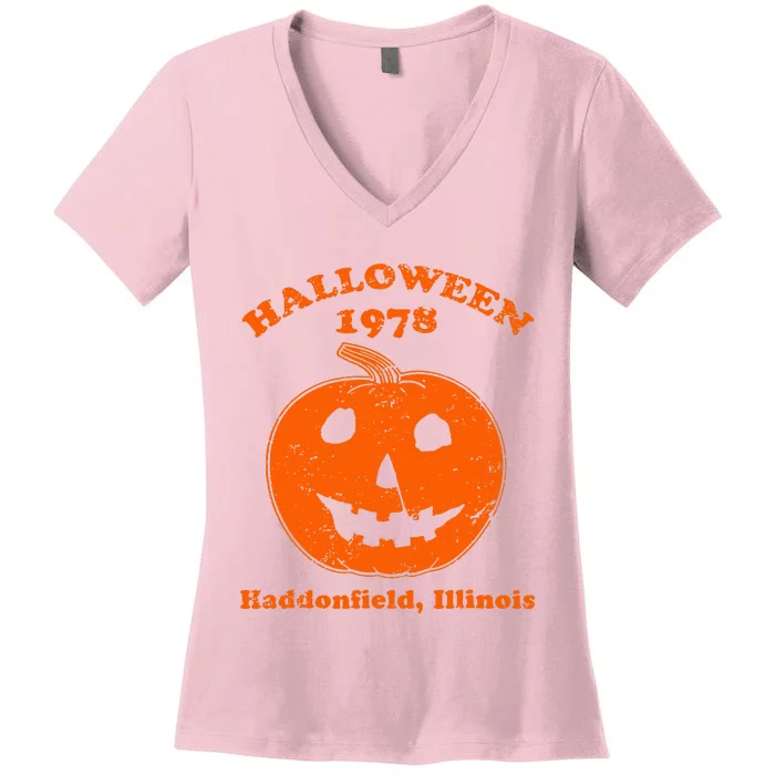 Vintage Halloween 1978 Pumpkin Haddonfield Illinois Women's V-Neck T-Shirt