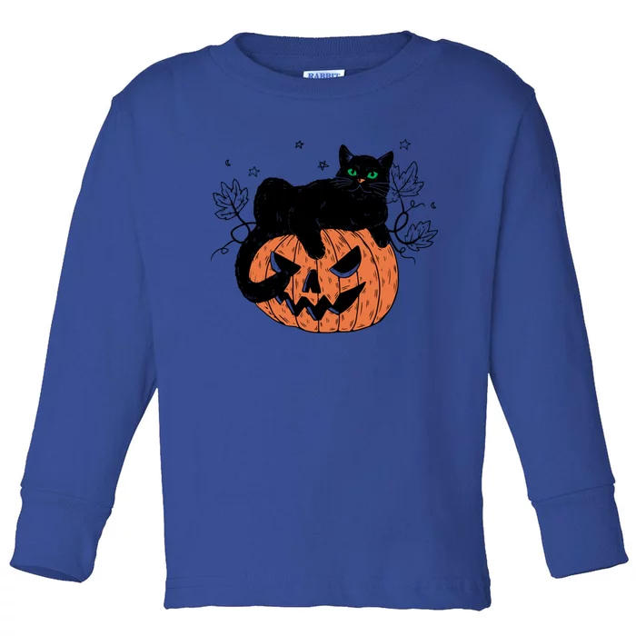 Vintage Halloween Black Cat On A Jack O Lantern Pumpkin Funny Gift Toddler Long Sleeve Shirt