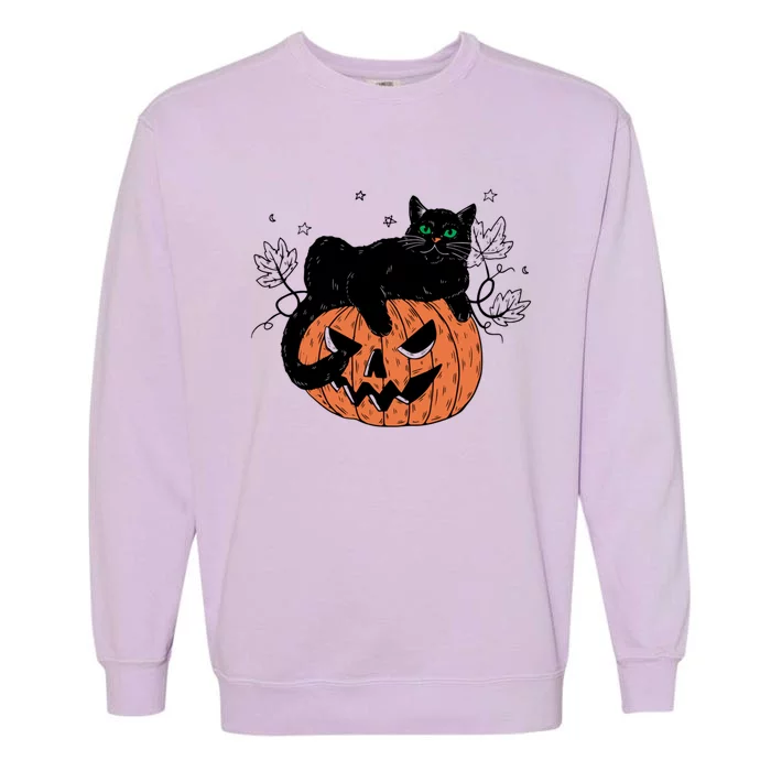 Vintage Halloween Black Cat On A Jack O Lantern Pumpkin Funny Gift Garment-Dyed Sweatshirt