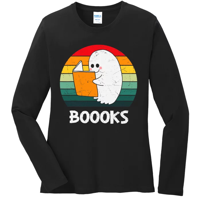 Vintage Halloween Booooks Cute Ghost Reading Books Teacher Ladies Long Sleeve Shirt