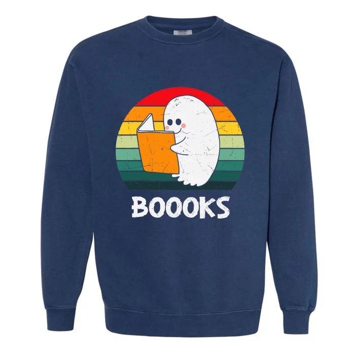 Vintage Halloween Booooks Cute Ghost Reading Books Teacher Garment-Dyed Sweatshirt