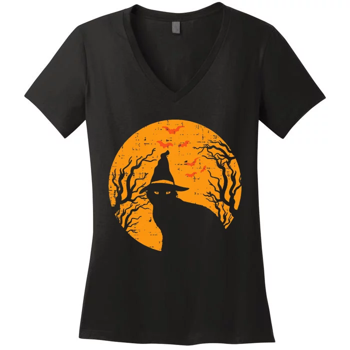 Vintage Halloween Black Cat Witch Moon Women's V-Neck T-Shirt