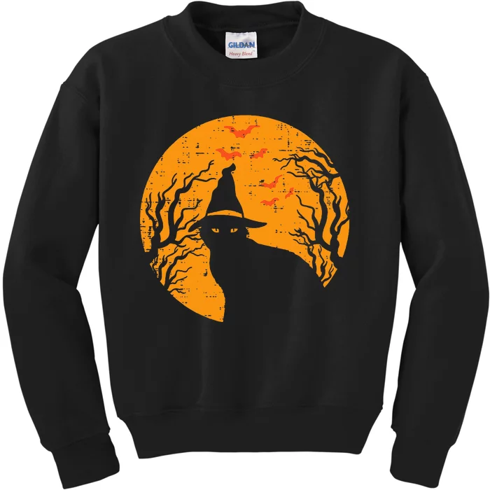 Vintage Halloween Black Cat Witch Moon Kids Sweatshirt