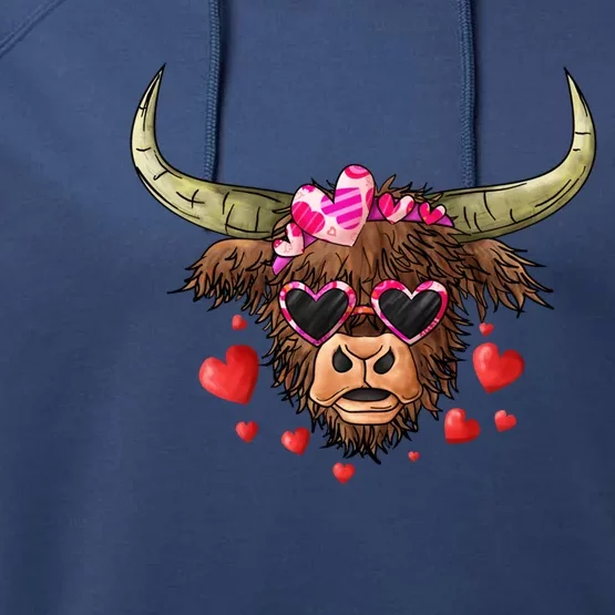 Valentines Highland Cow With Hearts Bandana And Glasses Gift Performance Fleece Hoodie