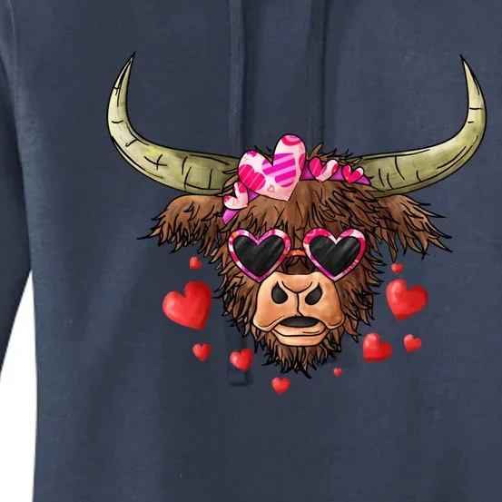 Valentines Highland Cow With Hearts Bandana And Glasses Gift Women's Pullover Hoodie