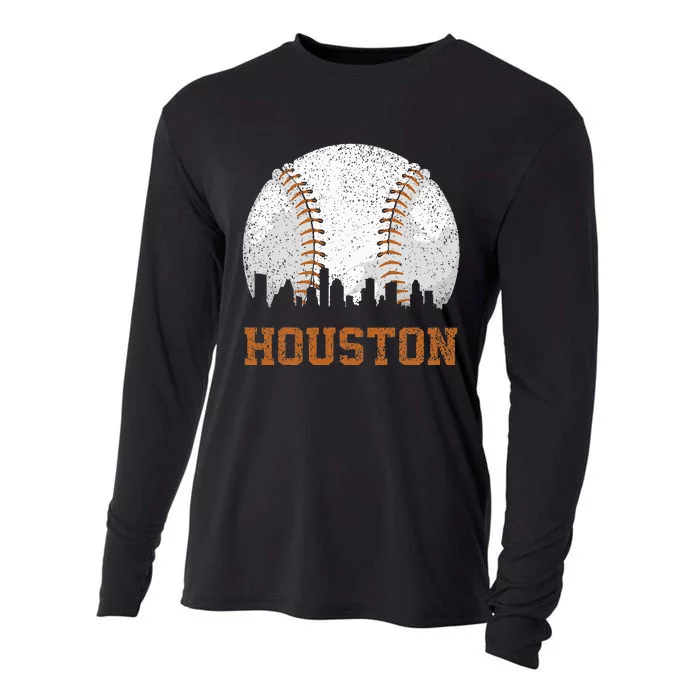 Vintage Houston Cityscape Baseball Lover Player And Fans Cooling Performance Long Sleeve Crew