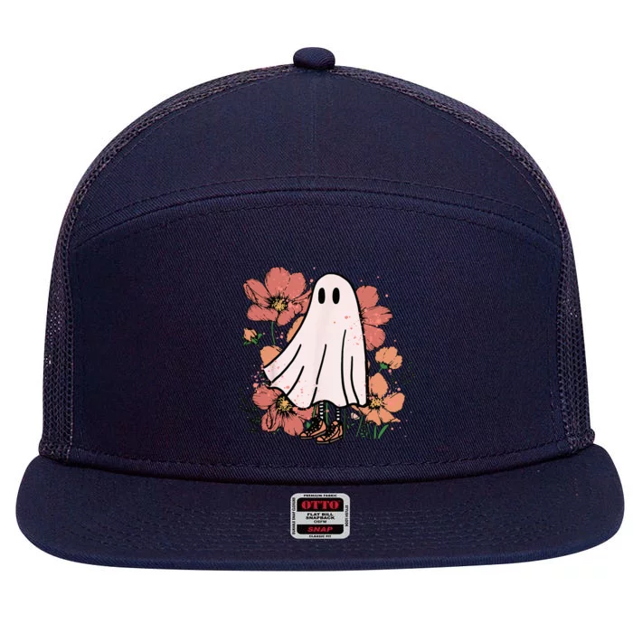 Vintage Halloween Costume Spooky Retro Cute Floral Ghost 7 Panel Mesh Trucker Snapback Hat