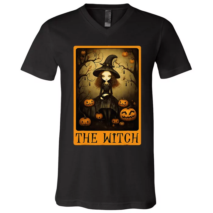 Vintage Halloween Cute Witch Black Cat The Wich Tarot Card V-Neck T-Shirt