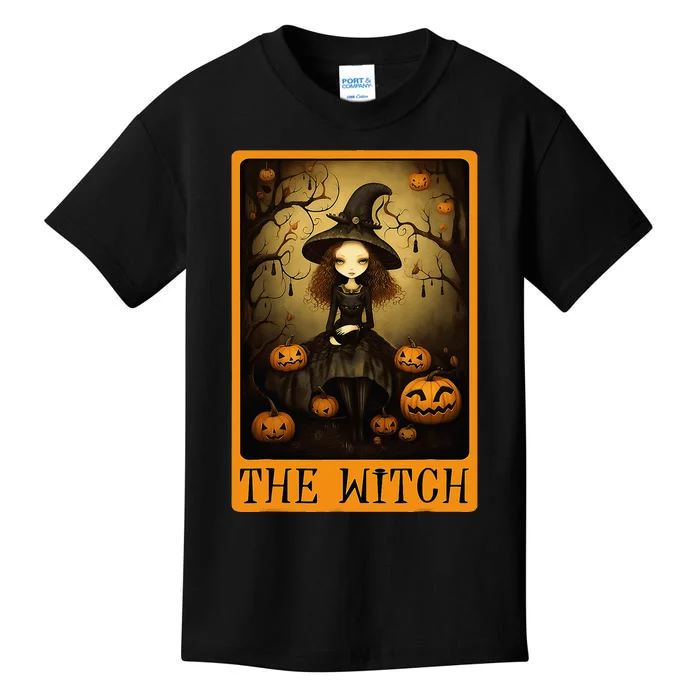 Vintage Halloween Cute Witch Black Cat The Wich Tarot Card Kids T-Shirt