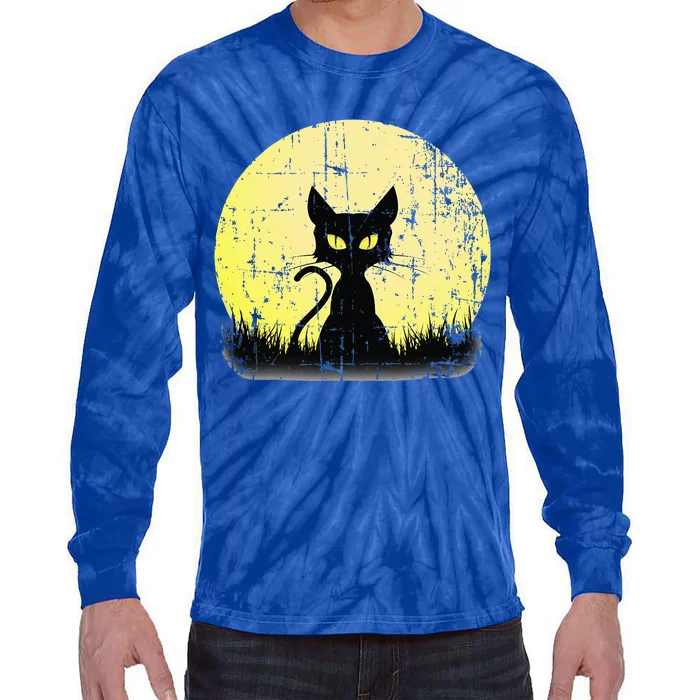 Vintage Halloween Cat Full Moon Weathered Distressed Tie-Dye Long Sleeve Shirt