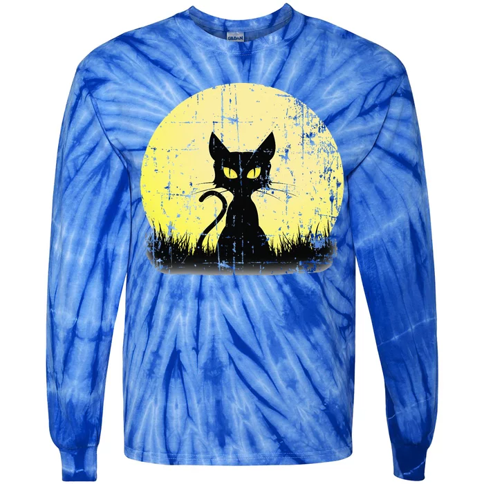 Vintage Halloween Cat Full Moon Weathered Distressed Tie-Dye Long Sleeve Shirt