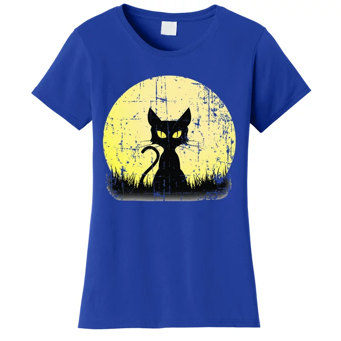 Vintage Halloween Cat Full Moon Weathered Distressed Women's T-Shirt