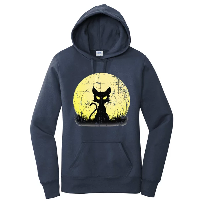 Vintage Halloween Cat Full Moon Weathered Distressed Women's Pullover Hoodie