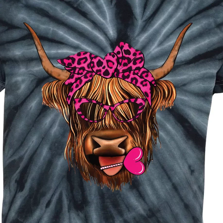 Valentines Highland Cow With Hearts Bandana And Glasses Kids Tie-Dye T-Shirt