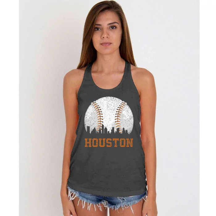 Vintage Houston Cityscape Baseball Lover Player And Fans Women's Knotted Racerback Tank