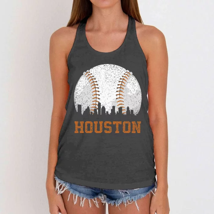 Vintage Houston Cityscape Baseball Lover Player And Fans Women's Knotted Racerback Tank