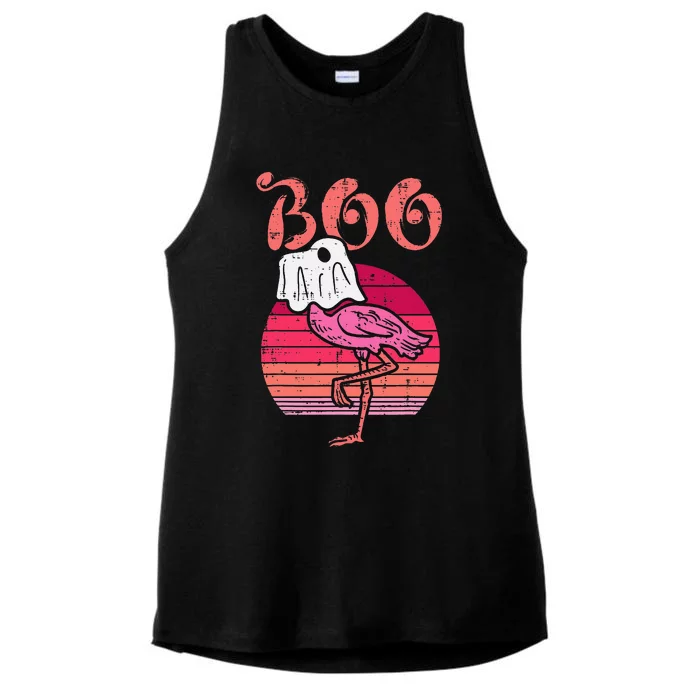 Vintage Halloween Flamingo Ghost Sunset Print Ladies Tri-Blend Wicking Tank