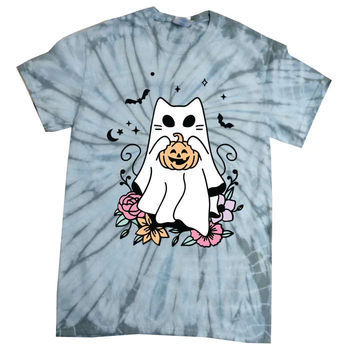 Vintage Halloween Ghost Cat Cute Cat In Ghost Costumes Tie-Dye T-Shirt