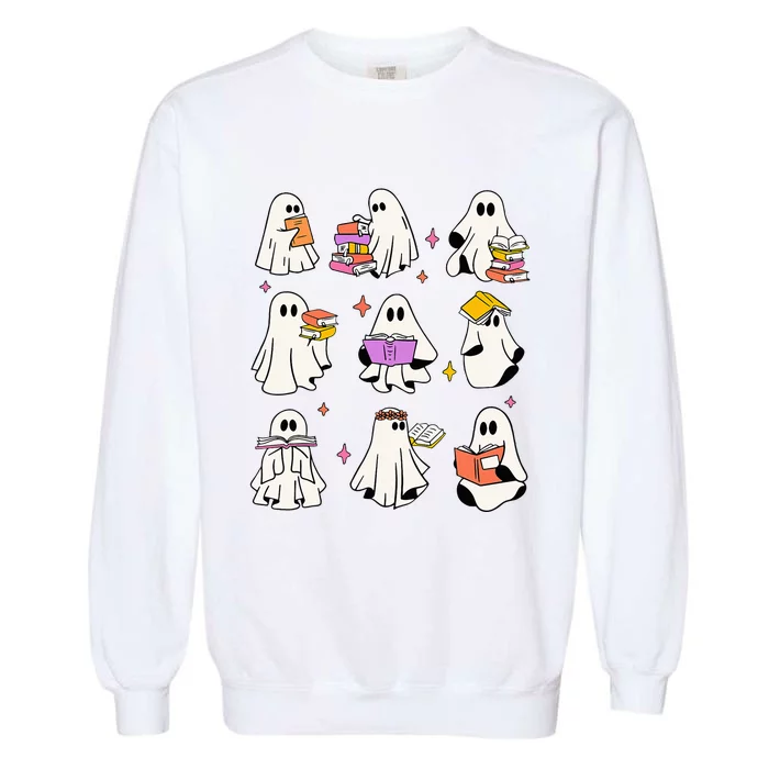 Vintage Halloween Ghost Book Lover Teacher Garment-Dyed Sweatshirt