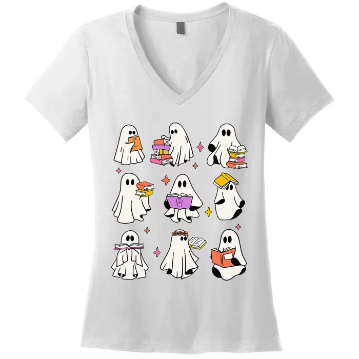 Vintage Halloween Ghost Book Lover Teacher Women's V-Neck T-Shirt