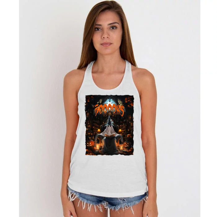 Vintage Halloween Ghost Books Reading Librarian Teacher Women's Knotted Racerback Tank