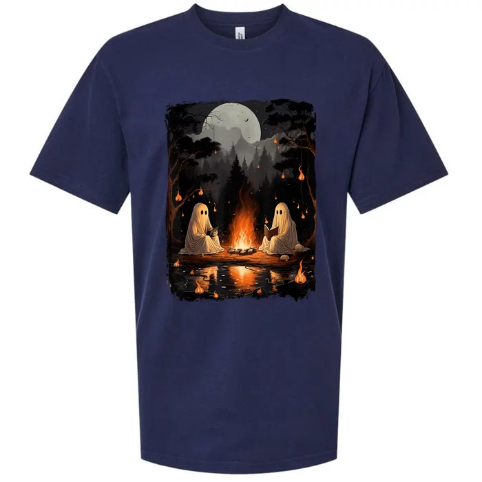 Vintage Halloween Ghost Book Reading Camping Teachers Gift Sueded Cloud Jersey T-Shirt