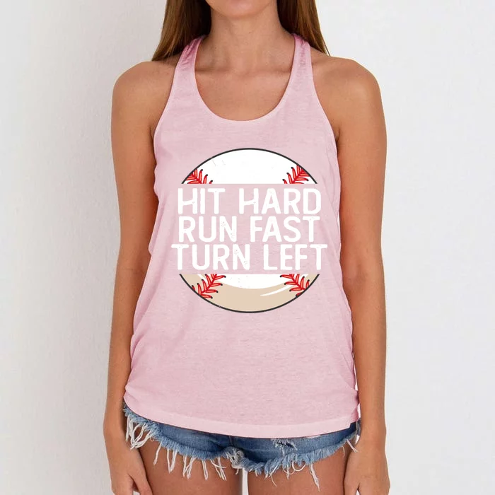 Vintage Hit Hard Run Fast Turn Left Funny Baseball Gift Women's Knotted Racerback Tank